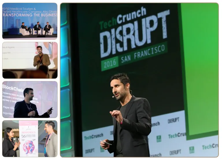 Robert Page speaking at TechCrunch Disrupt, with a collage of Pulse Protocol provider events