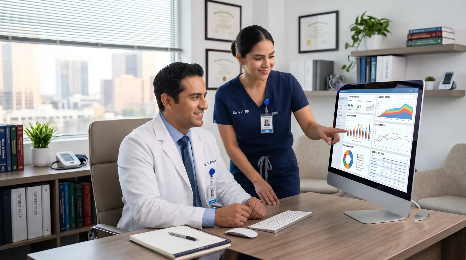 A physician and nurse reviewing patient analytics on the Pulse dashboard