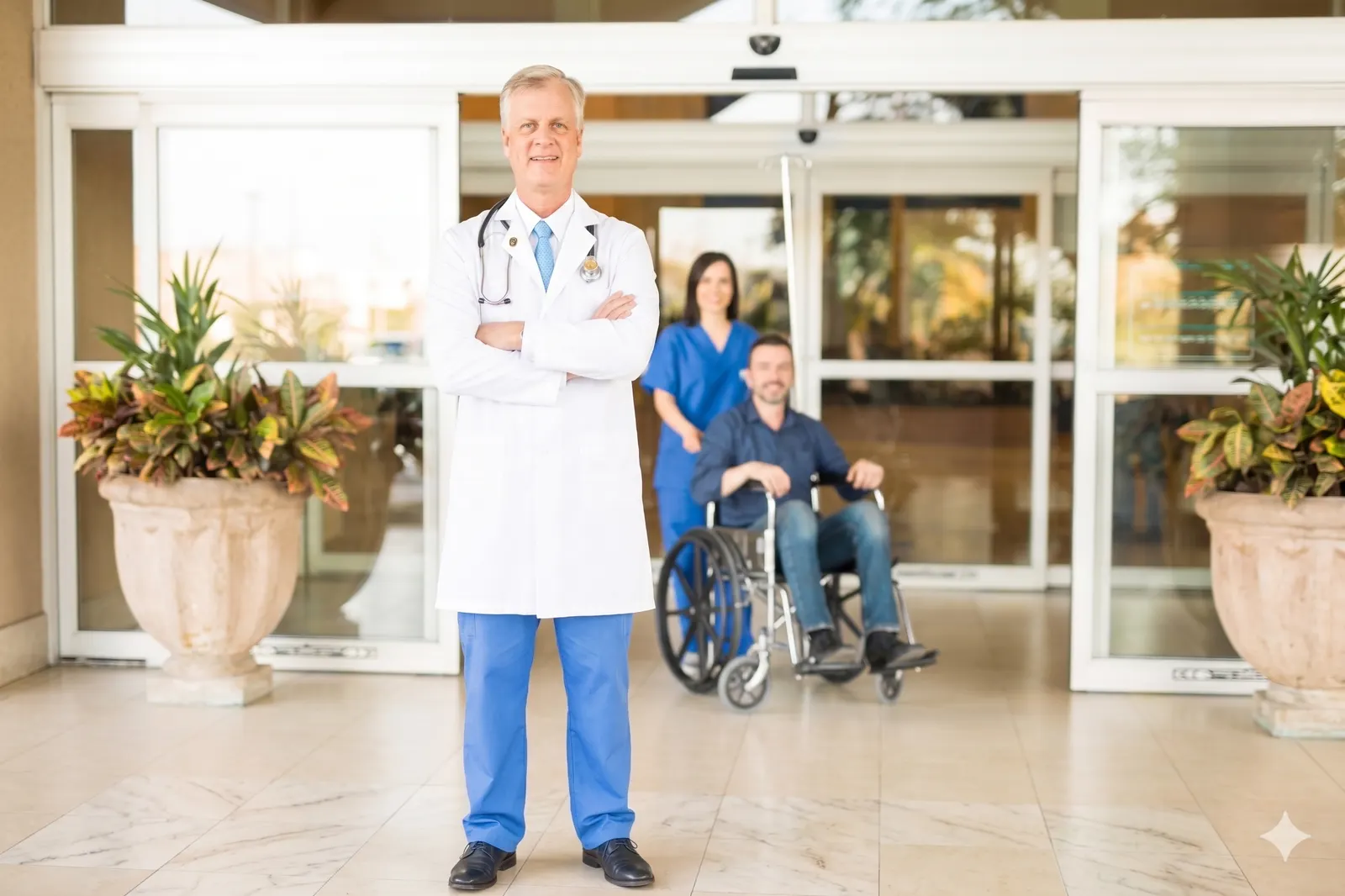 Doctor with a patient at the clinic discharge entrance