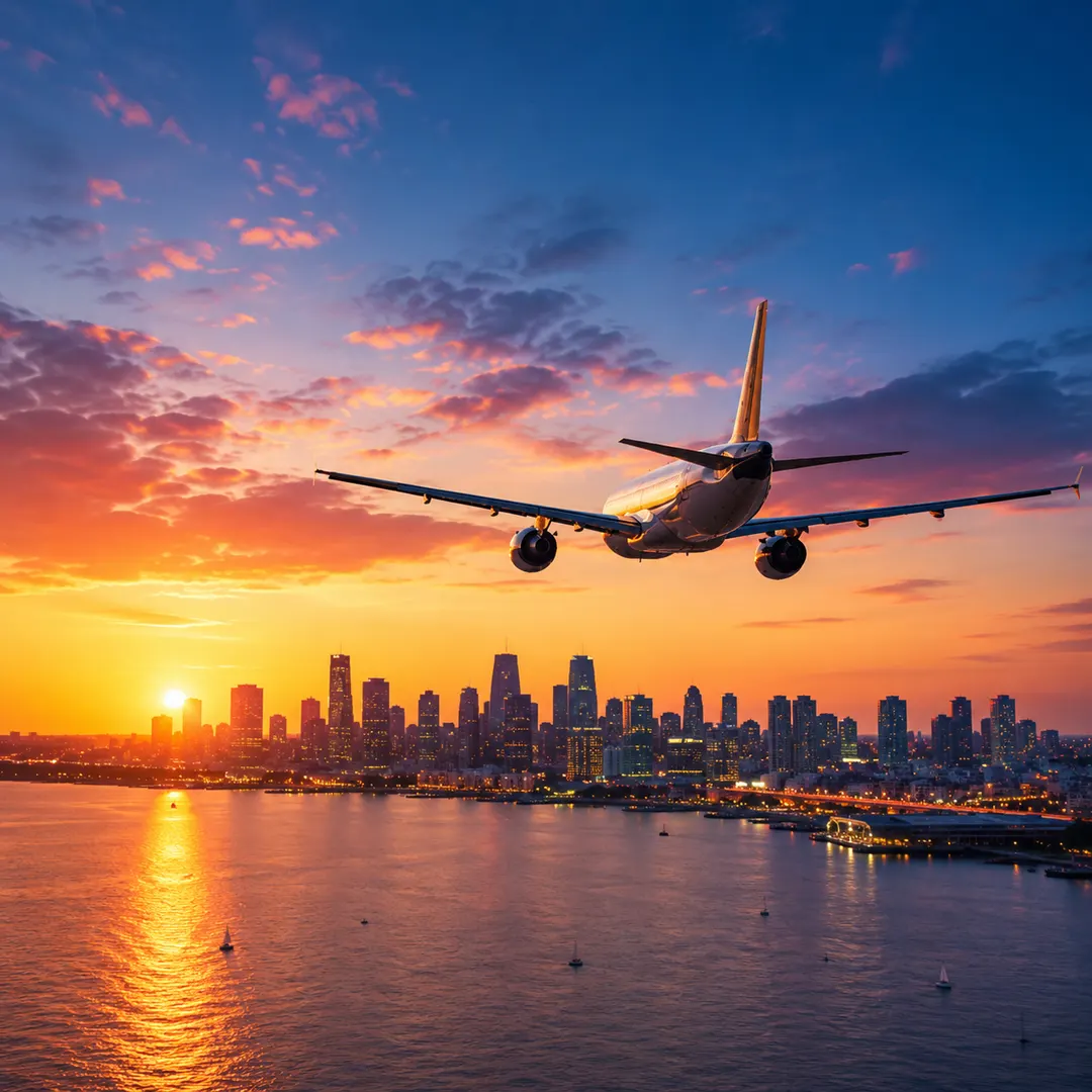 Airplane departing over a city skyline at dusk